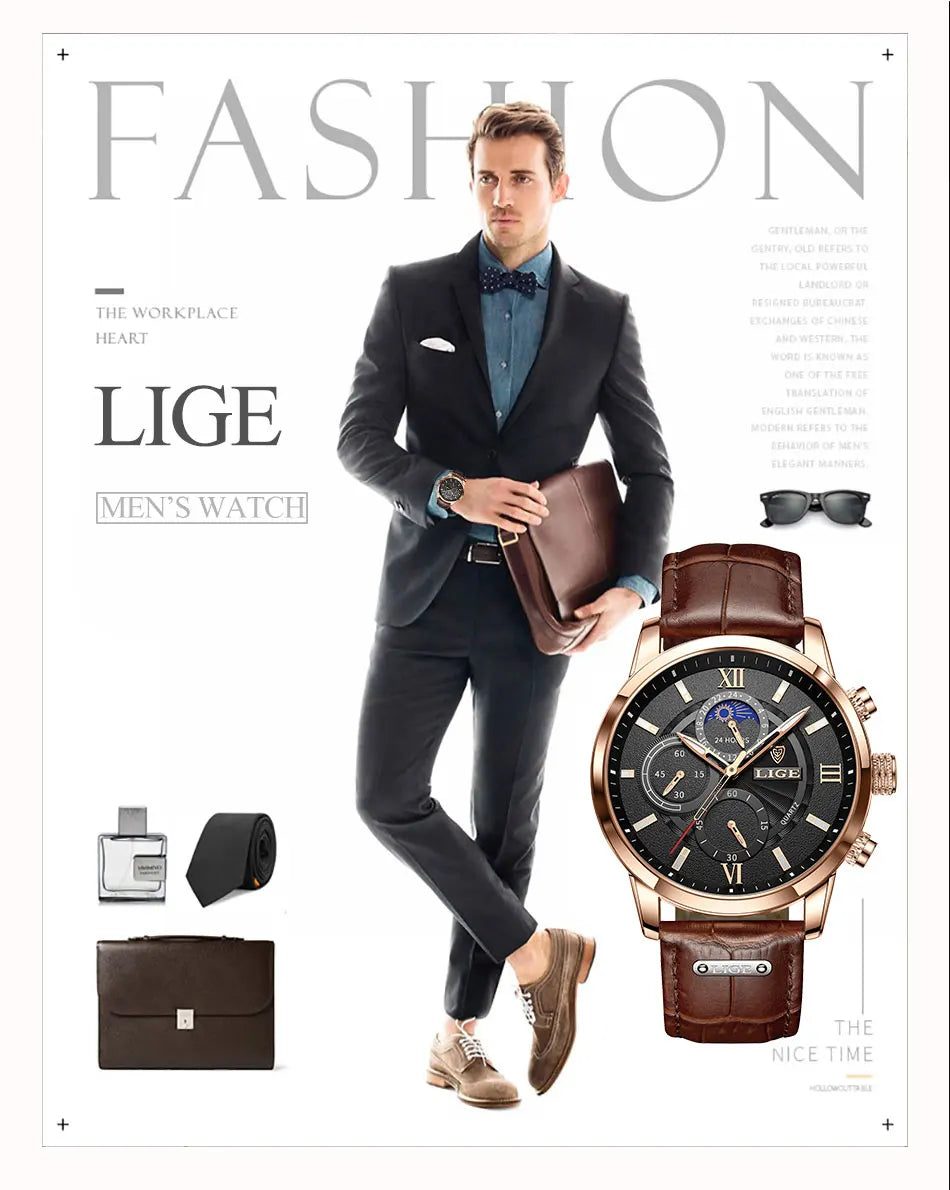 LIGE men's watch, a high-quality luxury brand, casual, sporty.