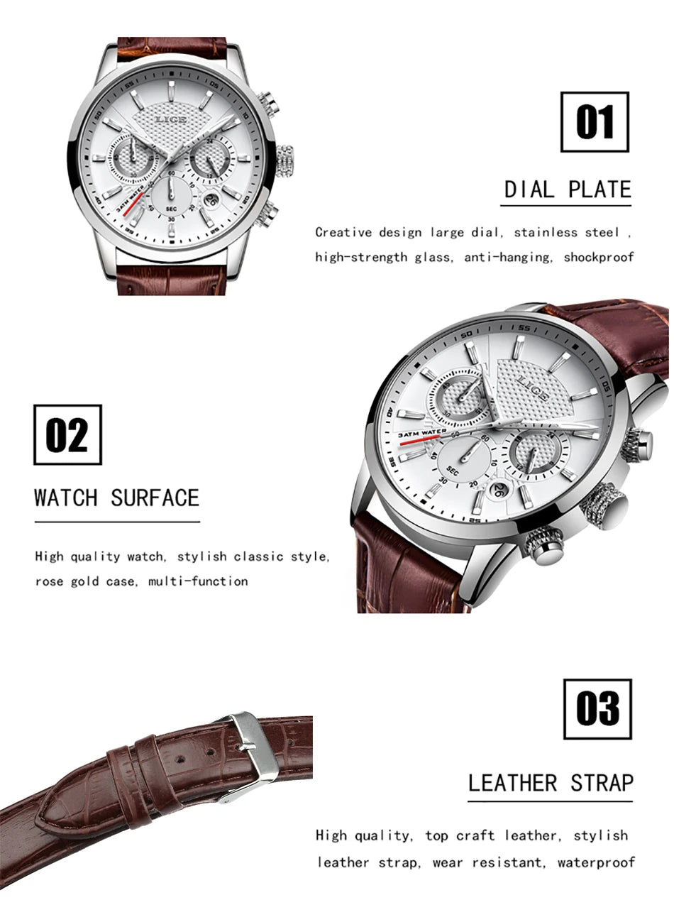 LIGE men's watch, a high-quality luxury brand, casual, sporty.