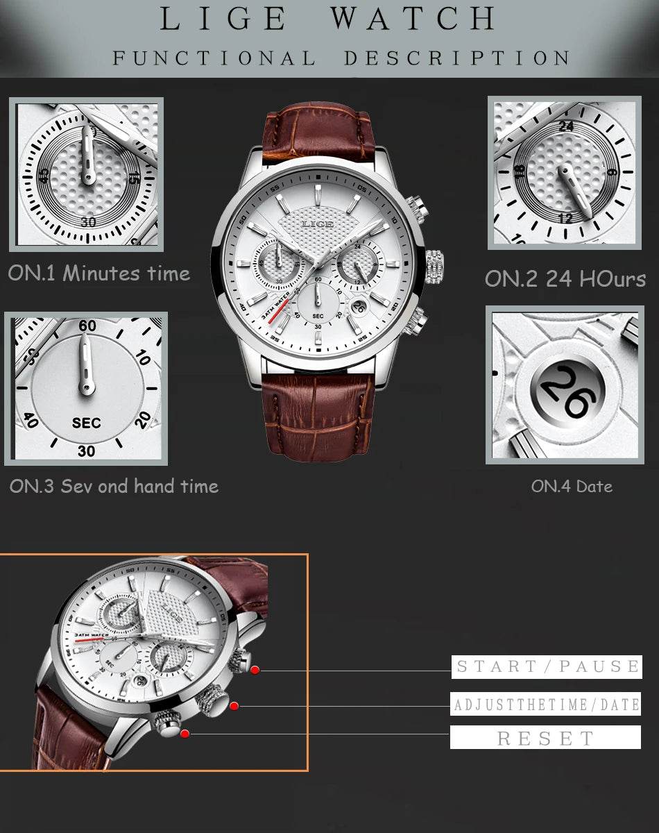 LIGE men's watch, a high-quality luxury brand, casual, sporty.