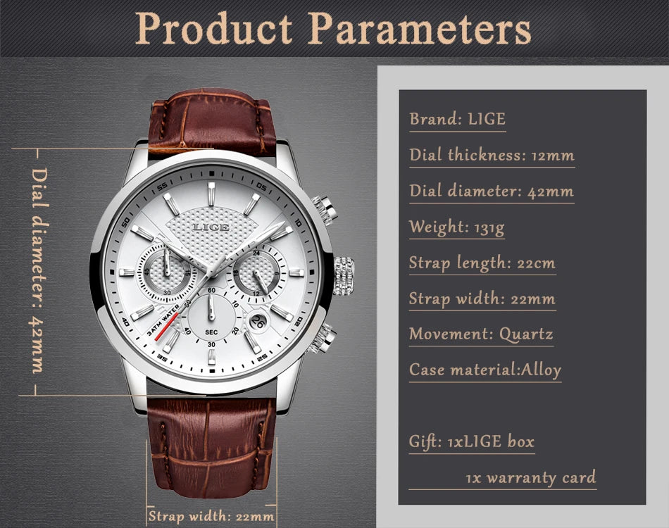 LIGE men's watch, a high-quality luxury brand, casual, sporty.