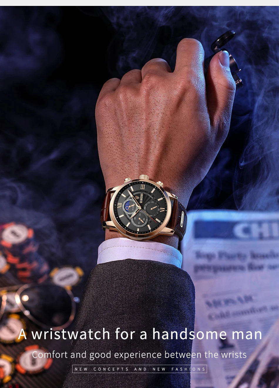 LIGE men's watch, a high-quality luxury brand, casual, sporty.