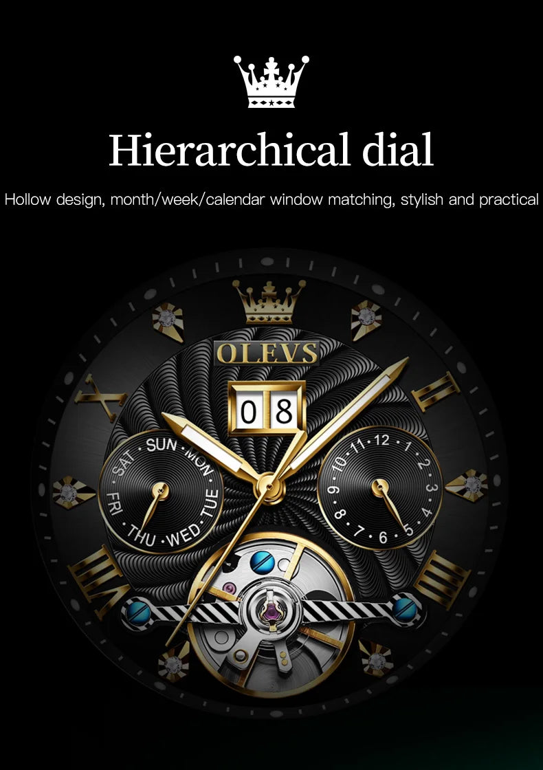 High-quality classic men's OLEVS Tourbillon watch.