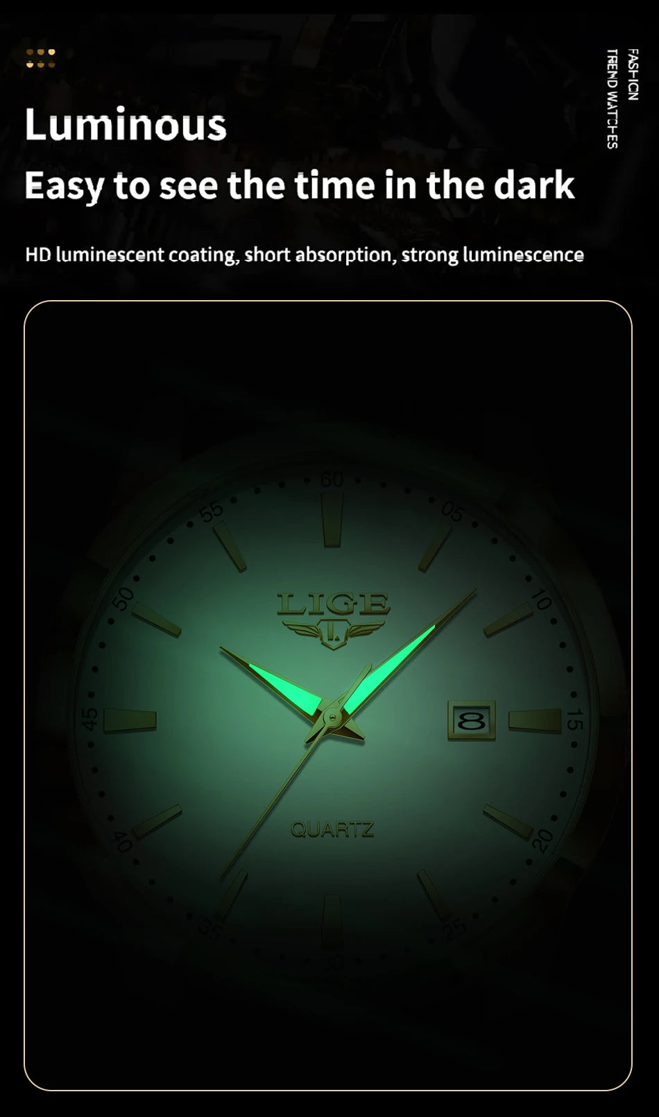 LIGE Fashion men's watch in brown leather, casual and waterproof.