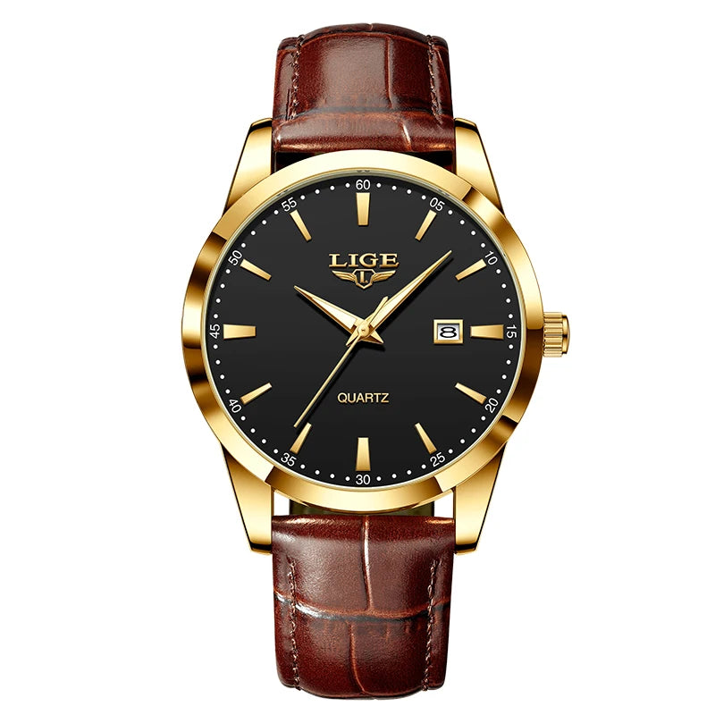 LIGE Fashion men's watch in brown leather, casual and waterproof.