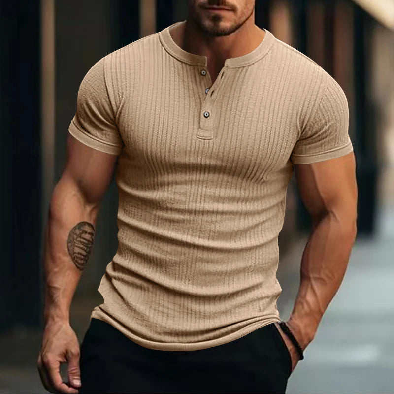 Comfortable men's striped knit t-shirt, perfect for leisure time.