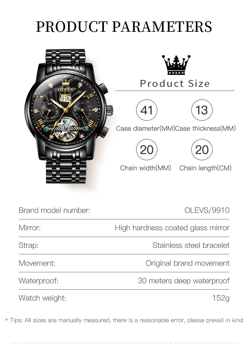 High-quality classic men's OLEVS Tourbillon watch.