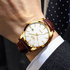 LIGE Fashion men's watch in brown leather, casual and waterproof.