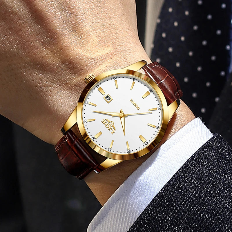 LIGE Fashion men's watch in brown leather, casual and waterproof.