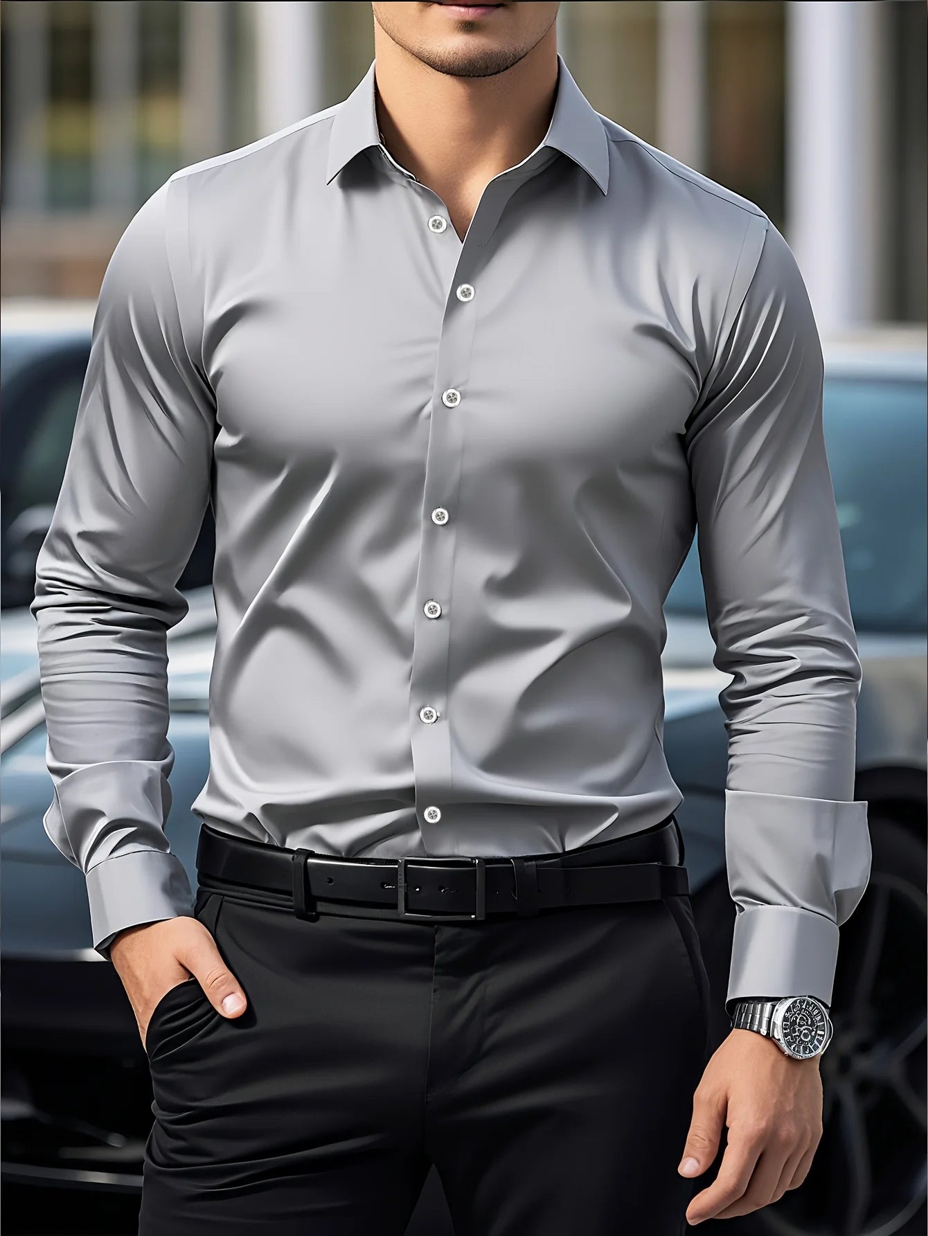 Men's long-sleeved shirt, high-quality stretch fabric.