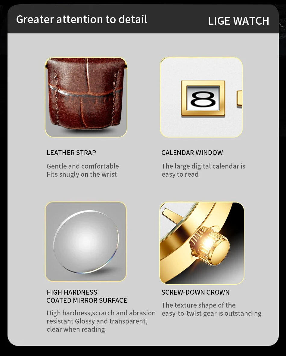 LIGE Fashion men's watch in brown leather, casual and waterproof.