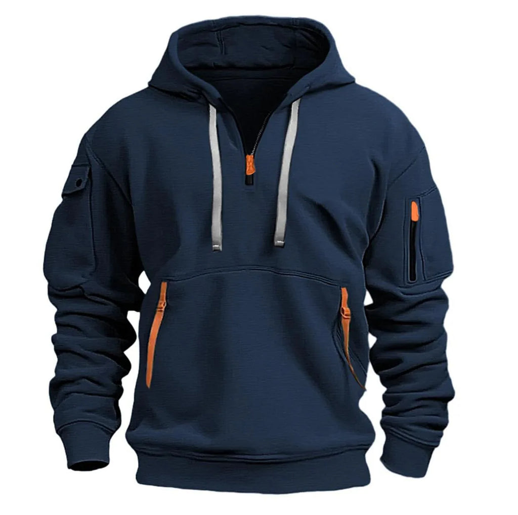 Casual hooded sweatshirt with zipper closure, lined with fleece.