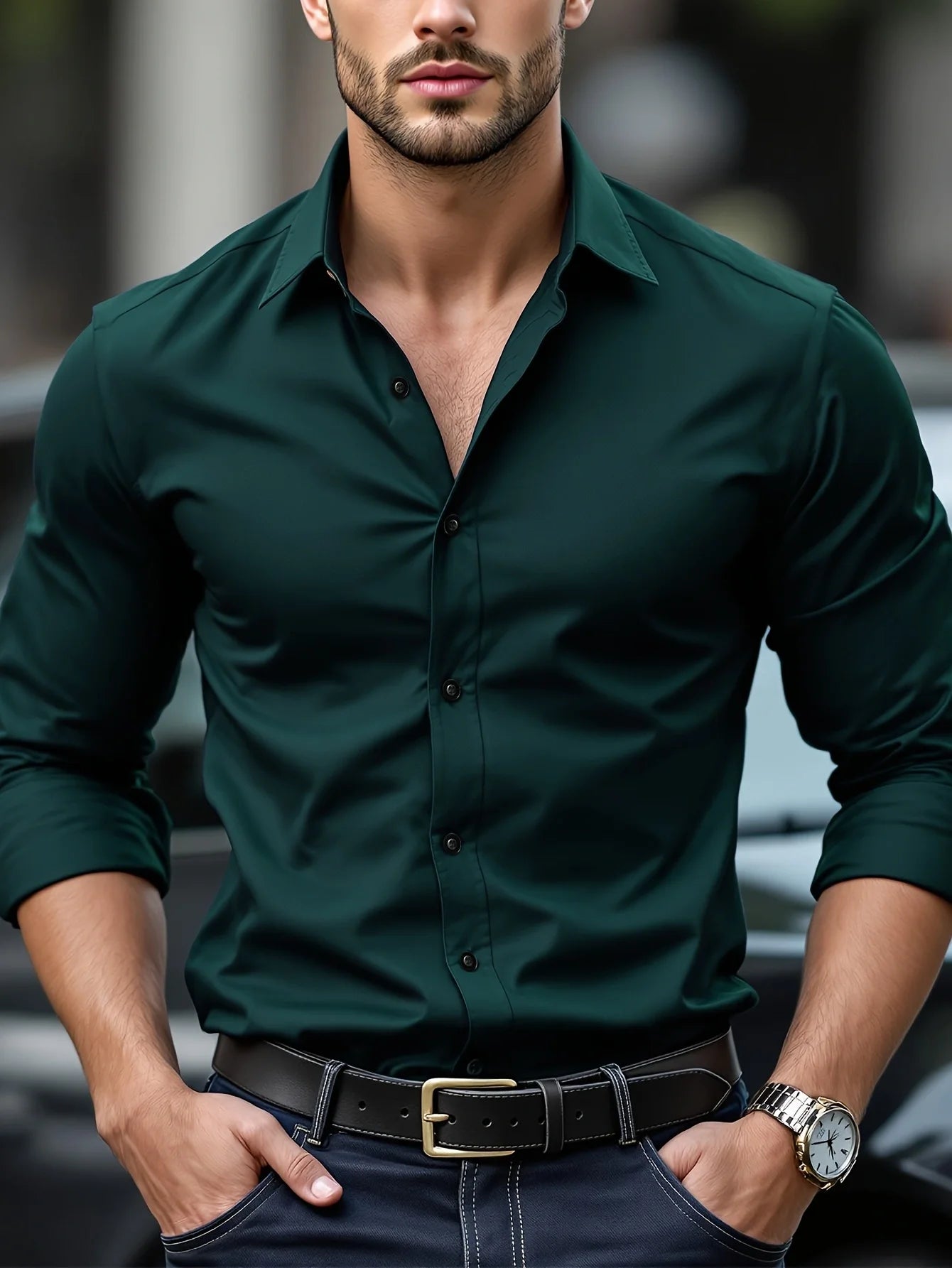 Men's long-sleeved shirt, high-quality stretch fabric.