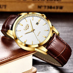 LIGE Fashion men's watch in brown leather, casual and waterproof.