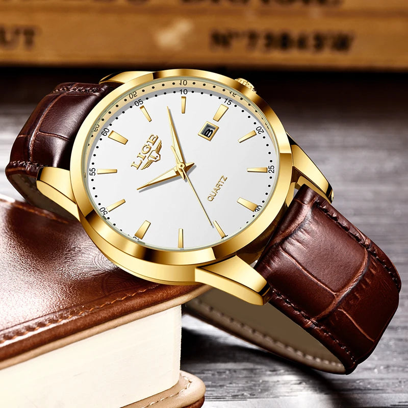 LIGE Fashion men's watch in brown leather, casual and waterproof.