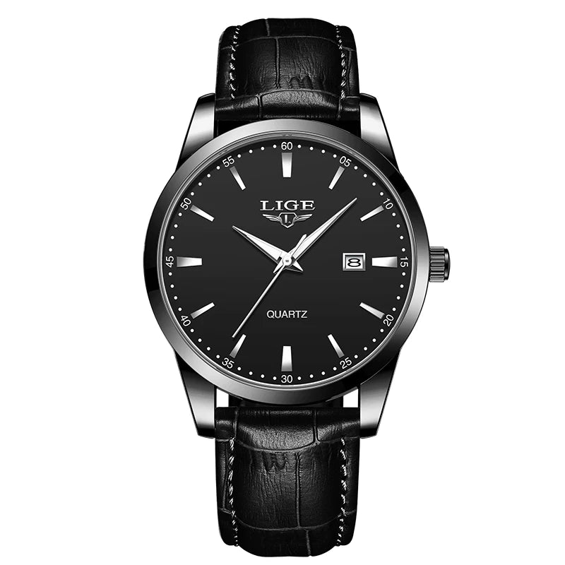 LIGE Fashion men's watch in brown leather, casual and waterproof.