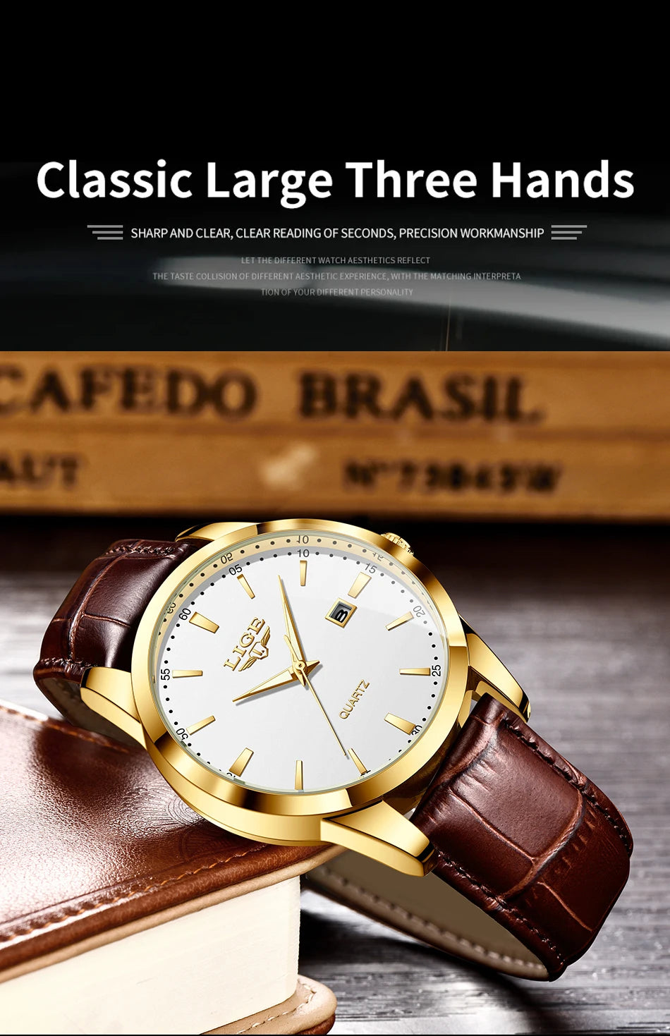 LIGE Fashion men's watch in brown leather, casual and waterproof.