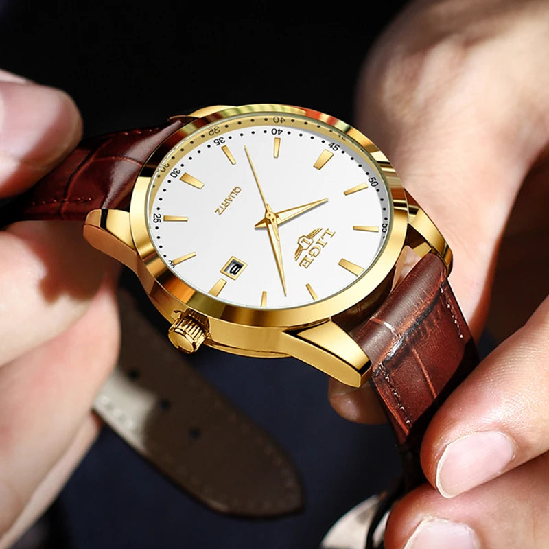 LIGE Fashion men's watch in brown leather, casual and waterproof.