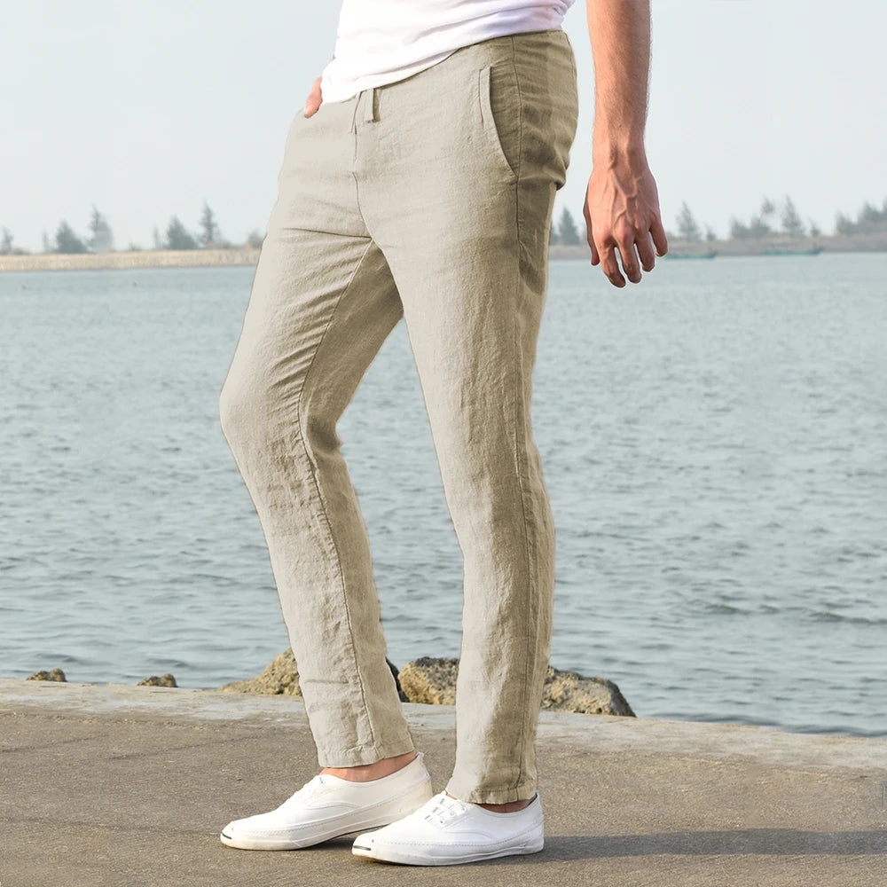 Men's linen and cotton trousers, breathable, ideal for fitness and streetwear.