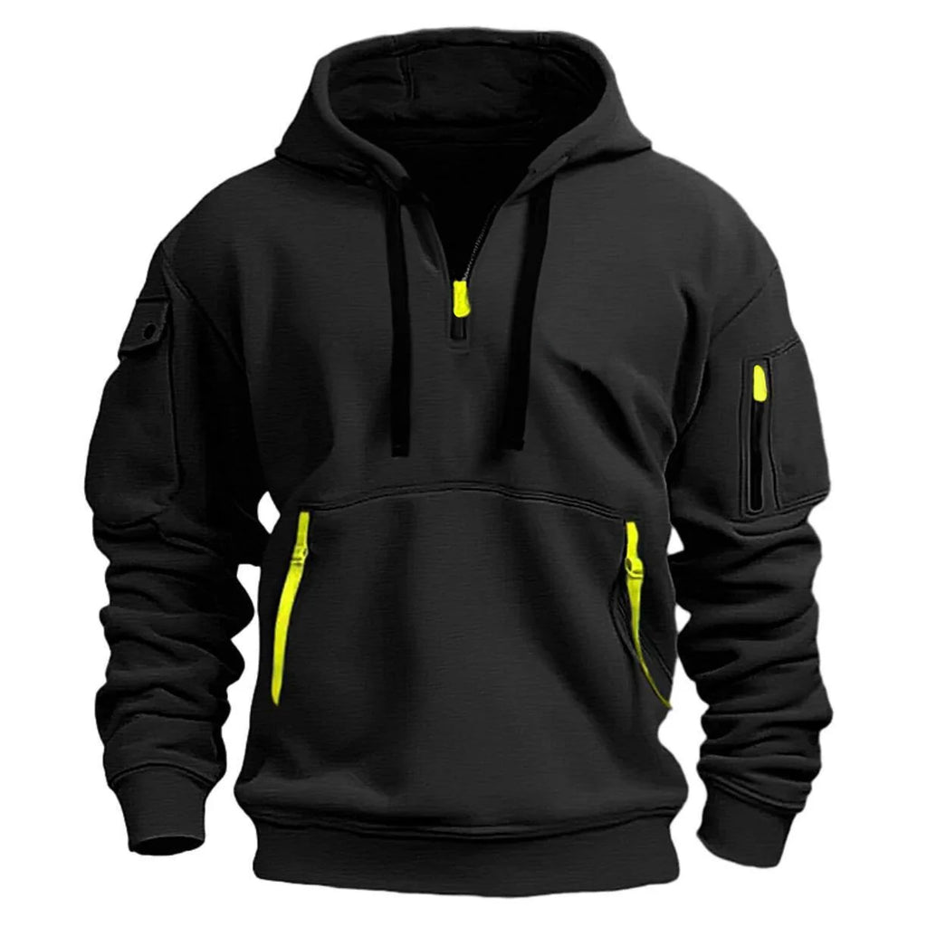 Casual hooded sweatshirt with zipper closure, lined with fleece.