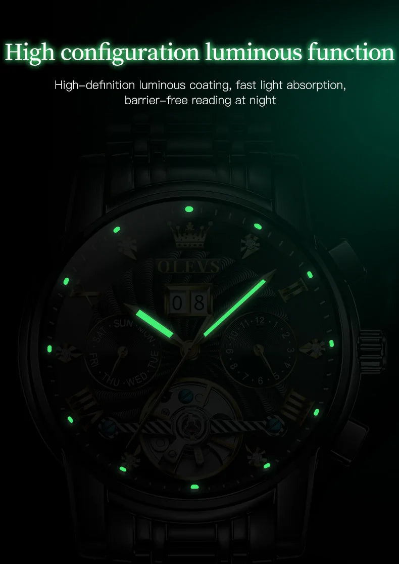 High-quality classic men's OLEVS Tourbillon watch.