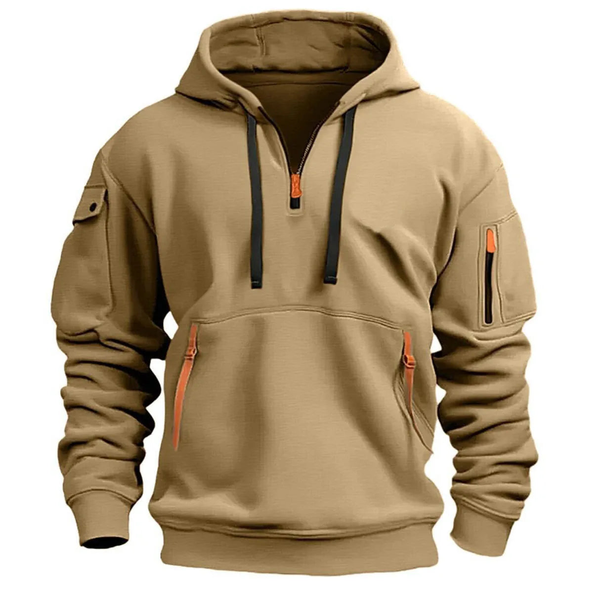 Casual hooded sweatshirt with zipper closure, lined with fleece.