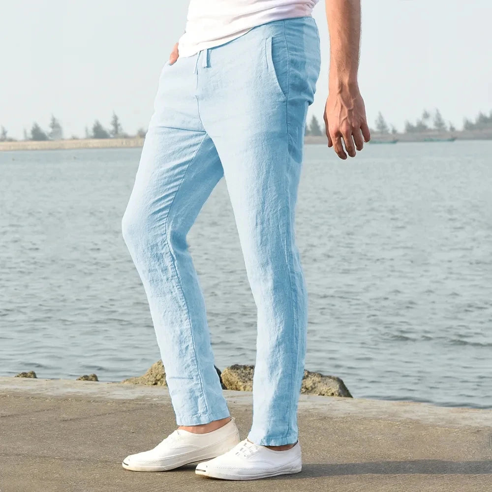 Men's linen and cotton trousers, breathable, ideal for fitness and streetwear.