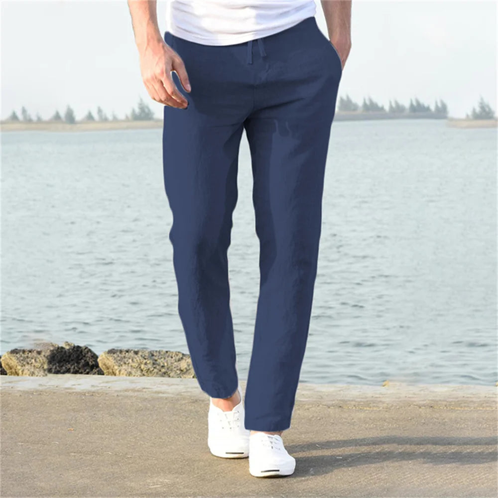 Men's linen and cotton trousers, breathable, ideal for fitness and streetwear.