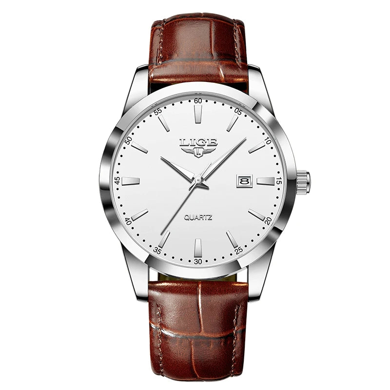 LIGE Fashion men's watch in brown leather, casual and waterproof.