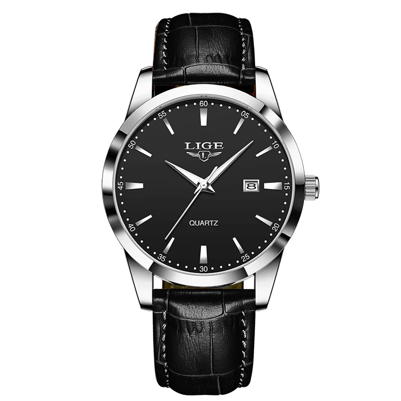LIGE Fashion men's watch in brown leather, casual and waterproof.