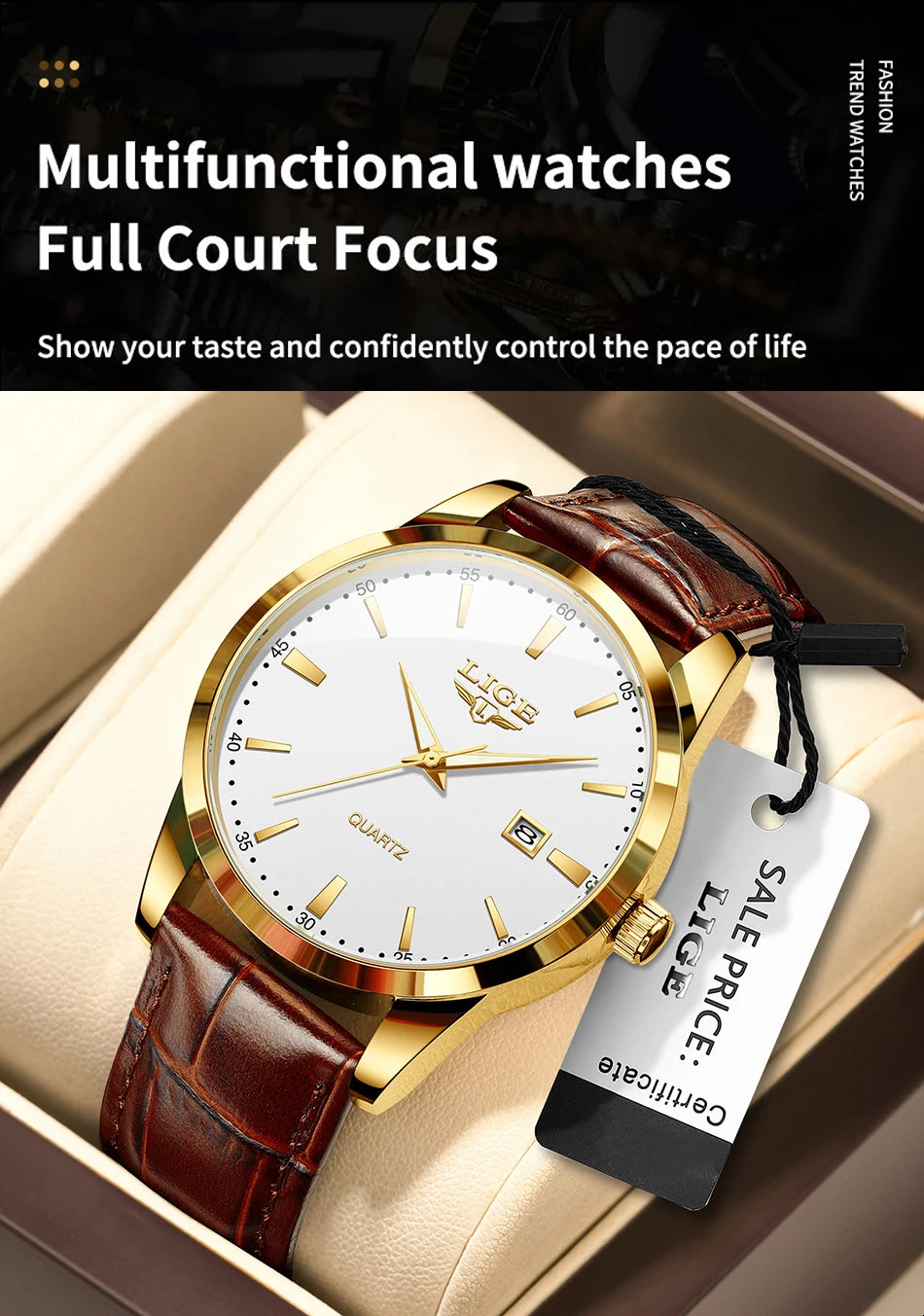 LIGE Fashion men's watch in brown leather, casual and waterproof.