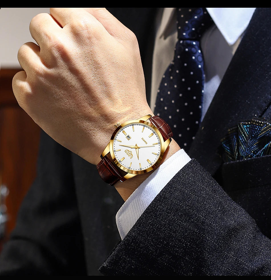 LIGE Fashion men's watch in brown leather, casual and waterproof.
