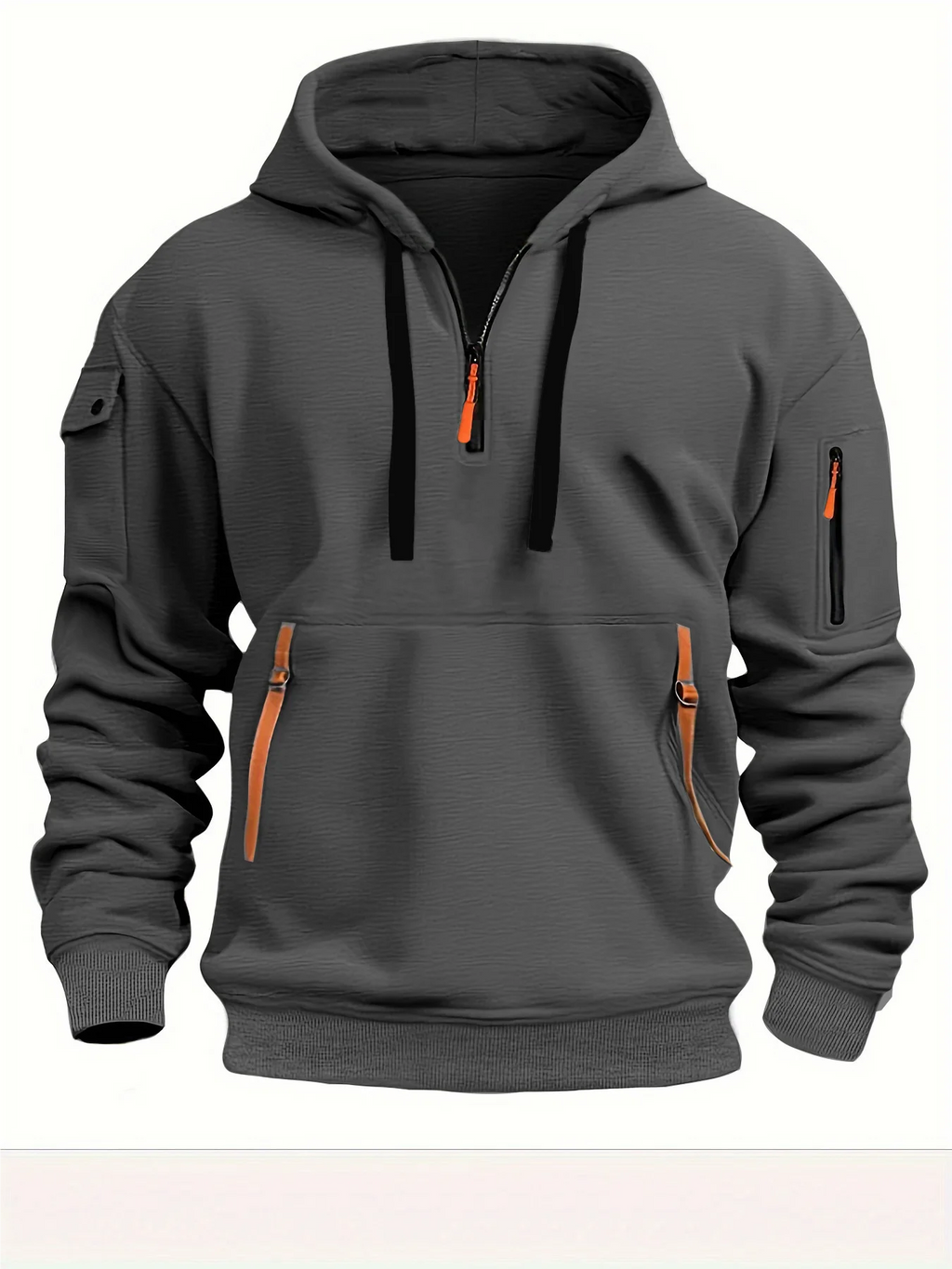 Casual hooded sweatshirt with zipper closure, lined with fleece.