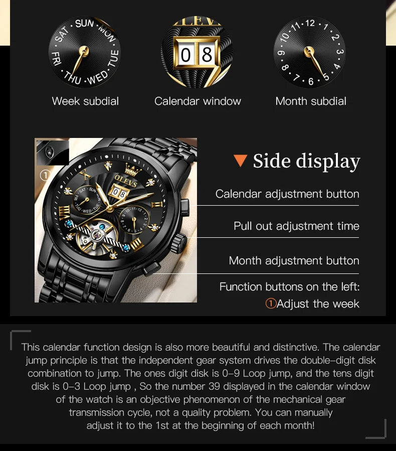 High-quality classic men's OLEVS Tourbillon watch.