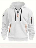 Casual hooded sweatshirt with zipper closure, lined with fleece.