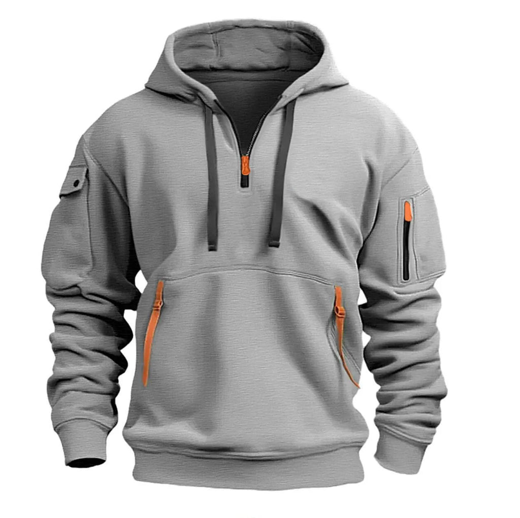 Casual hooded sweatshirt with zipper closure, lined with fleece.
