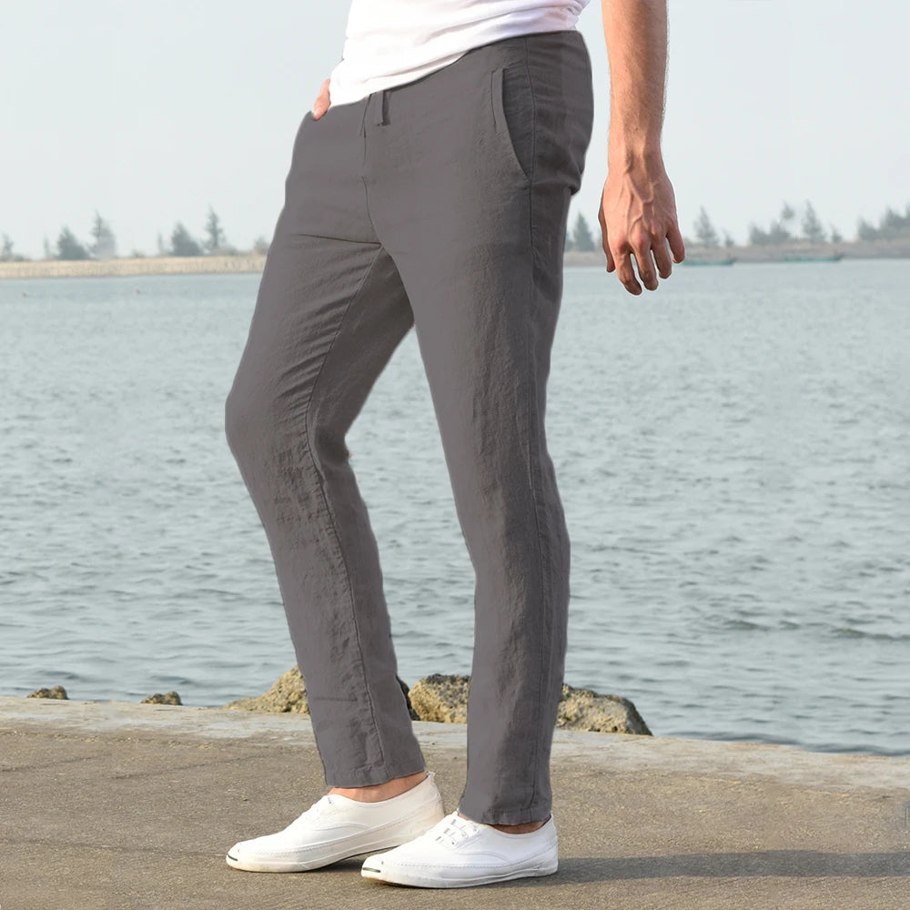 Men's linen and cotton trousers, breathable, ideal for fitness and streetwear.
