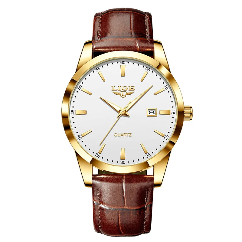 LIGE Fashion men's watch in brown leather, casual and waterproof.