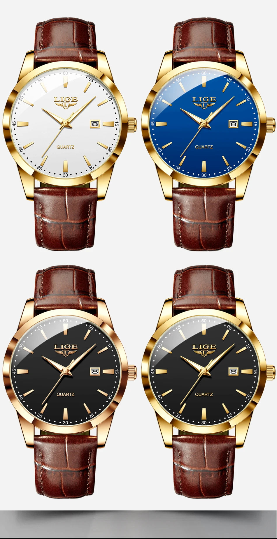 LIGE Fashion men's watch in brown leather, casual and waterproof.