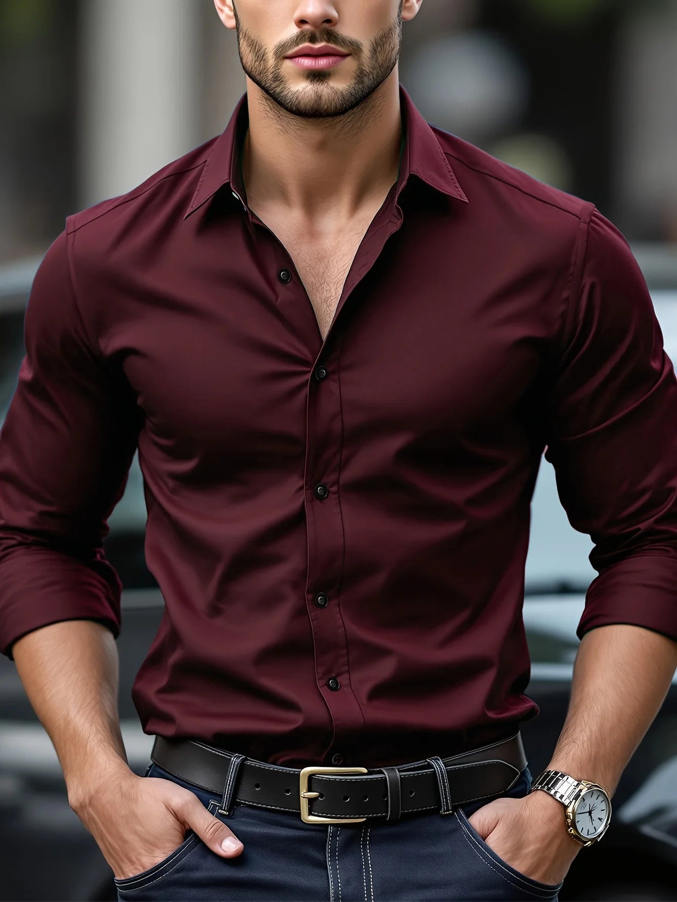 Men's long-sleeved shirt, high-quality stretch fabric.