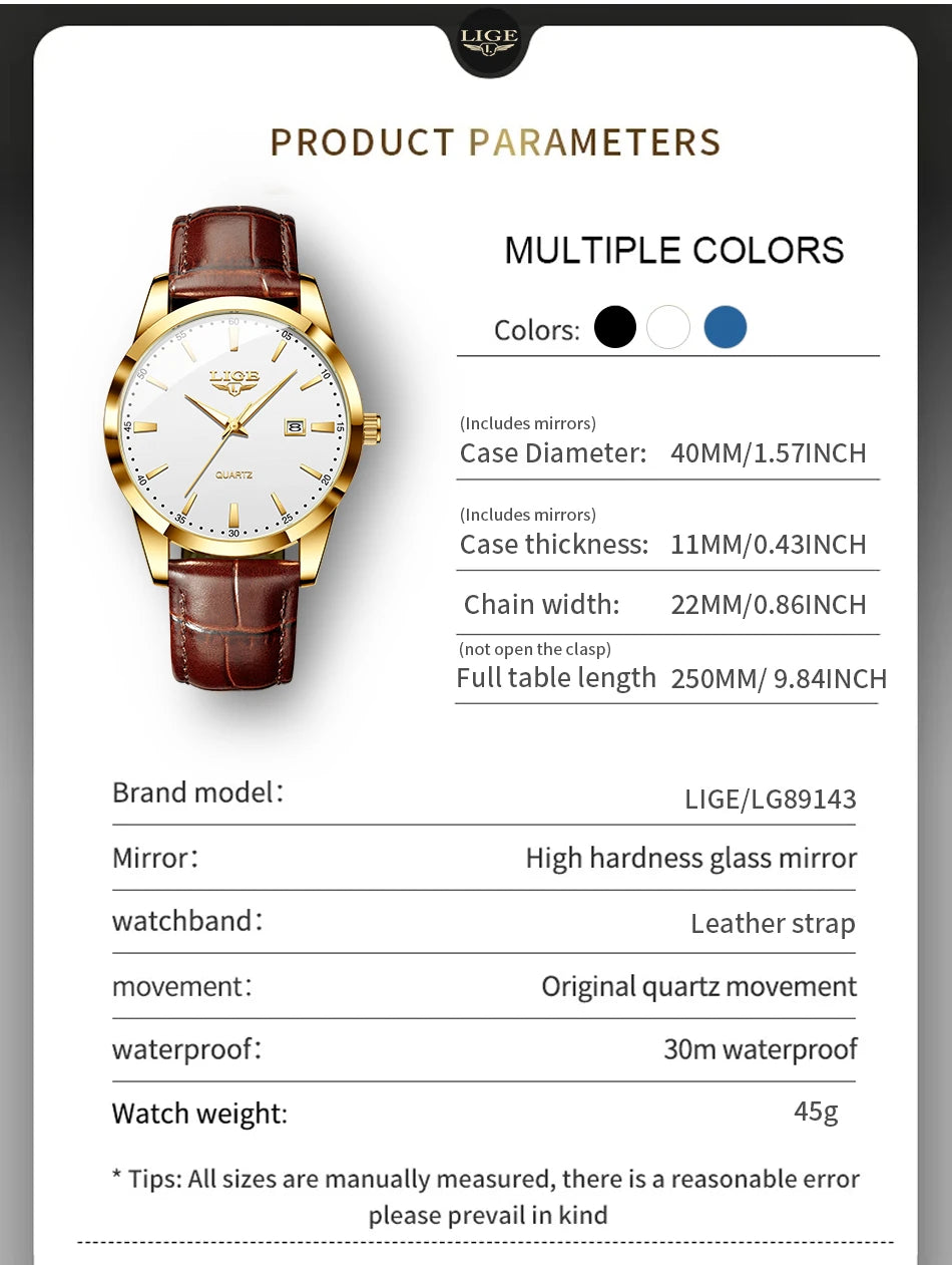 LIGE Fashion men's watch in brown leather, casual and waterproof.