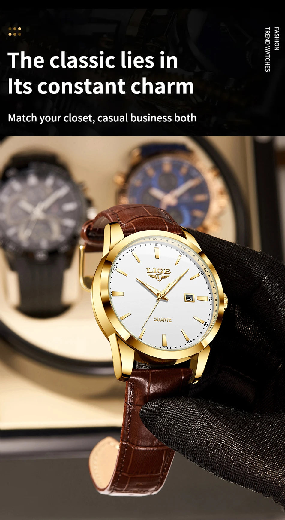 LIGE Fashion men's watch in brown leather, casual and waterproof.