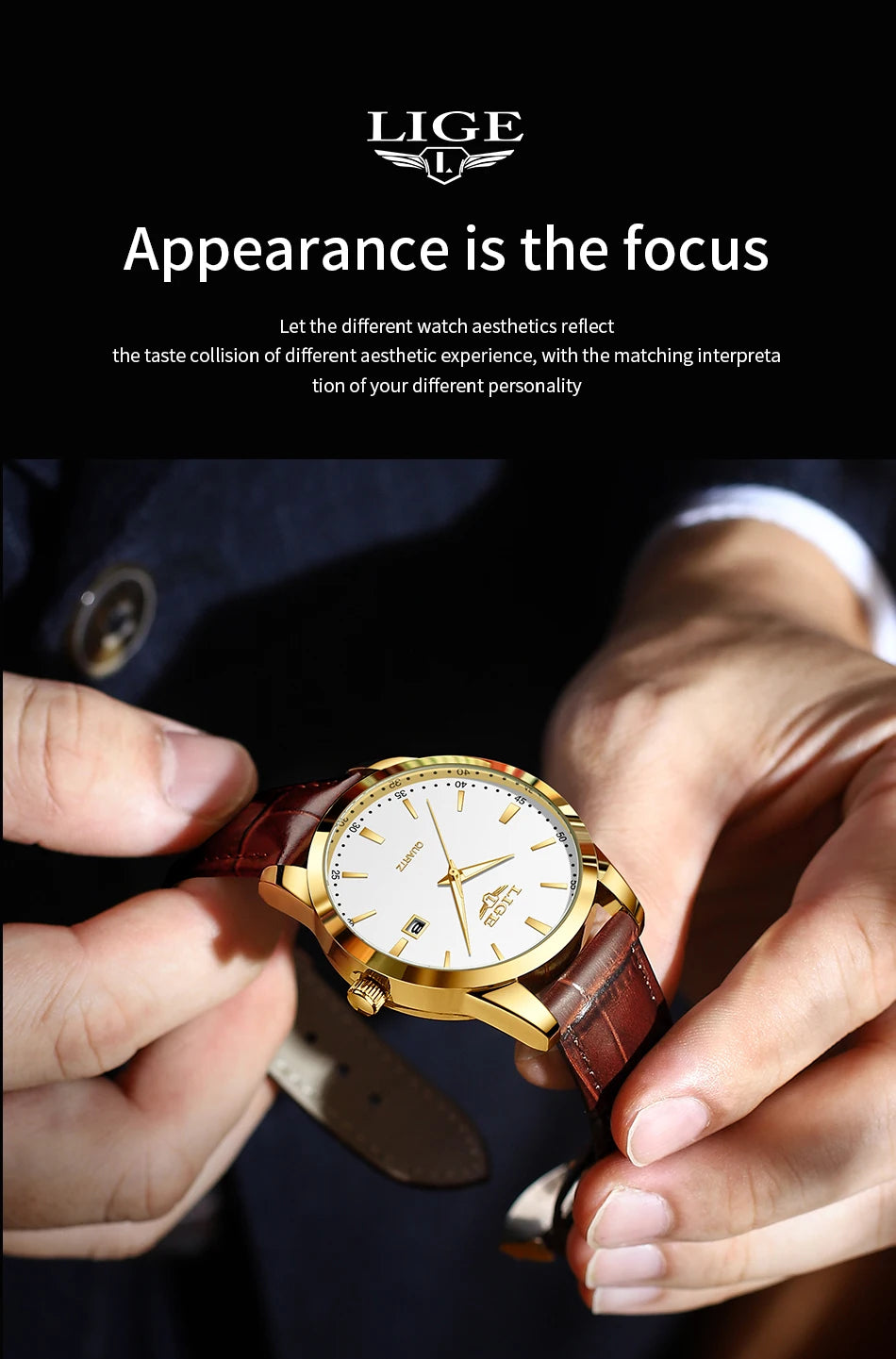 LIGE Fashion men's watch in brown leather, casual and waterproof.